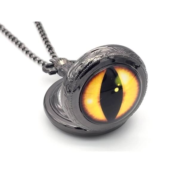 Cat Eye Dragon Pocket Watch – Mystical Beast Design, Black Finish, Unique Gift - Picture 2 of 9